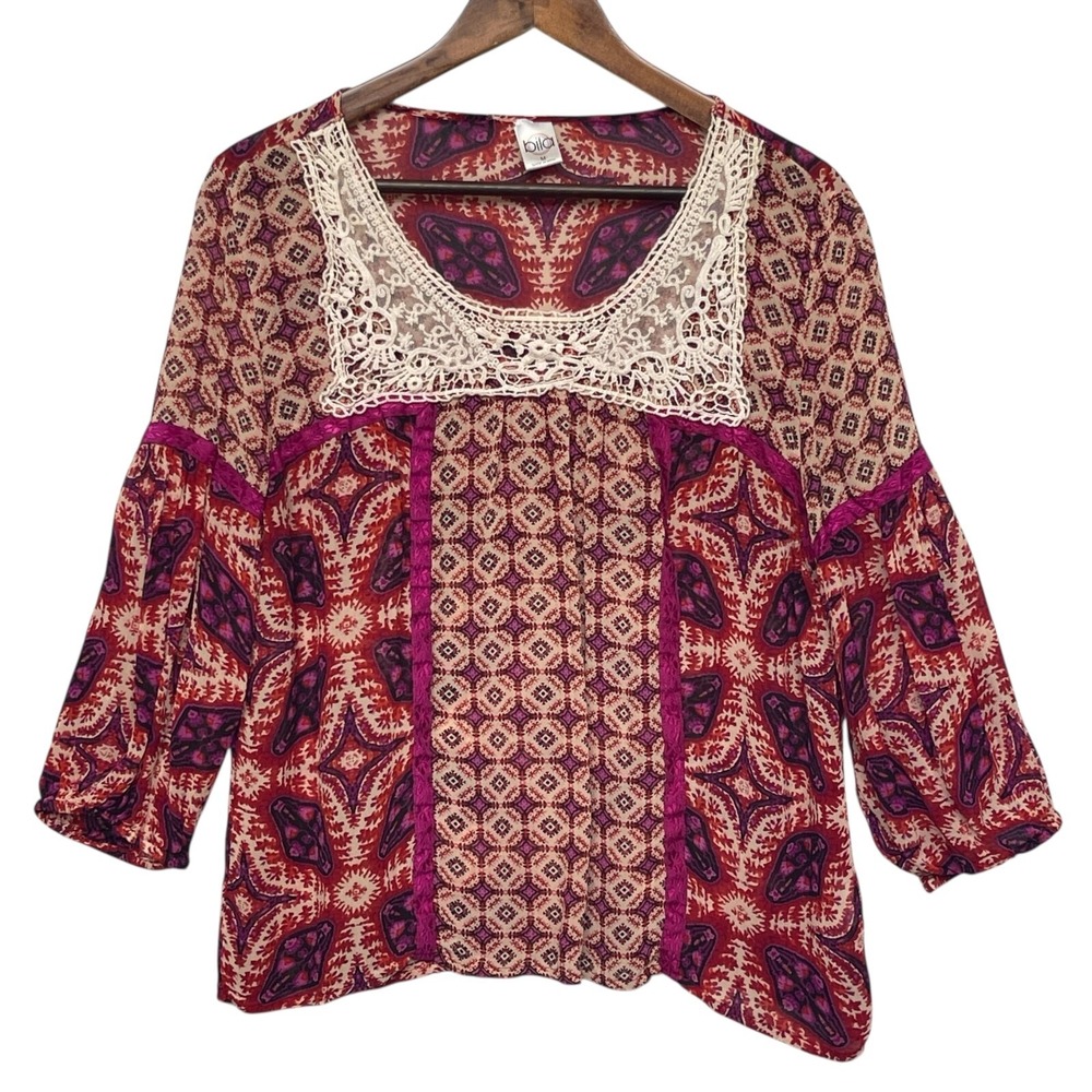 bila Blouse Women Size M Red Crochet Lace Mixed Print Paisley Rayon Boho Peasant